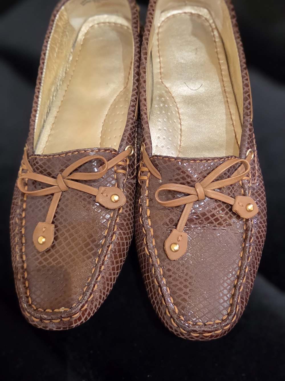 Leather Brown Snake-Embossed Leather Driving Loafers with Bow Accent - Women